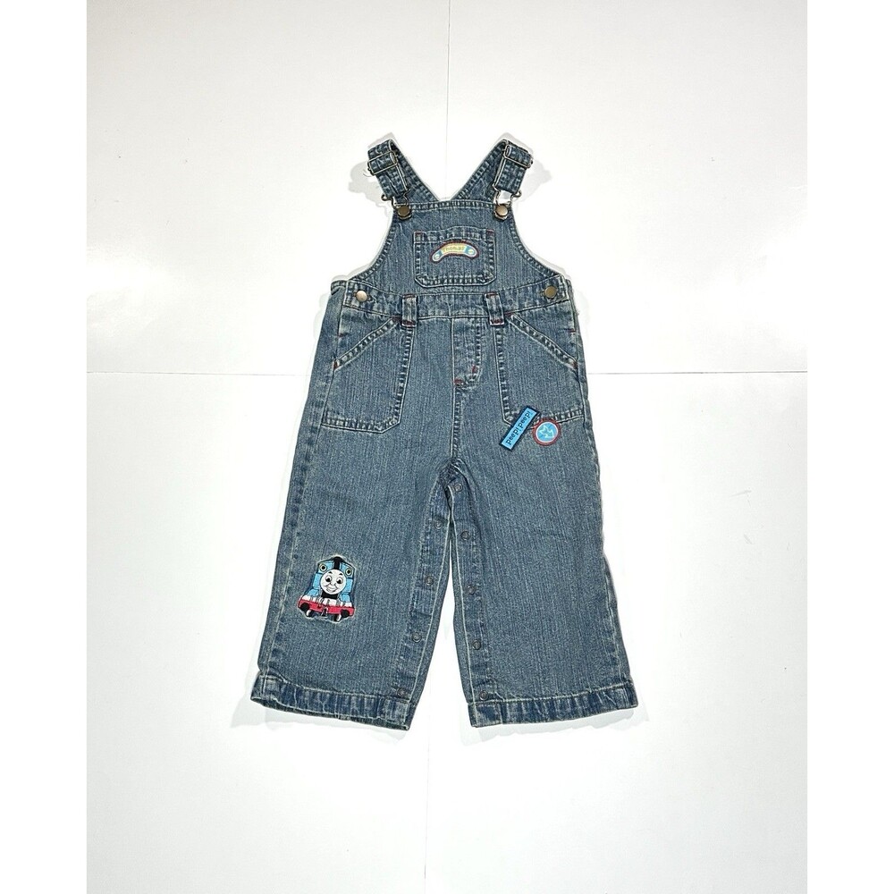 VTG Kids Thomas the Tank Engine Denim Overalls Embroidered Trains 12-18 Months
